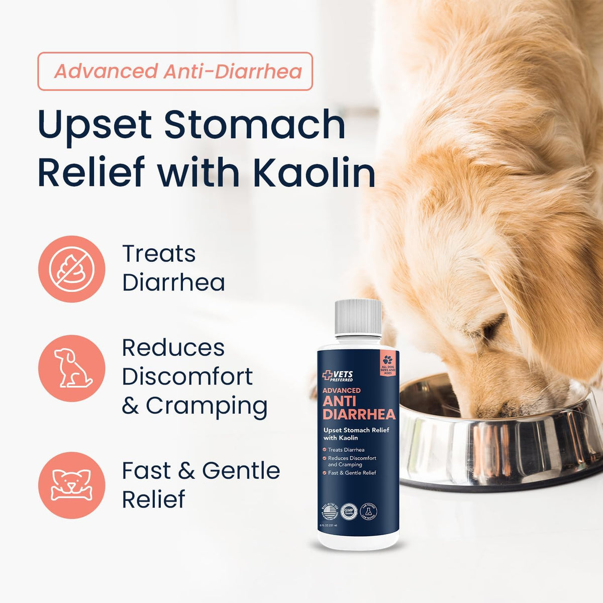 Anti-Diarrhea & Gas Relief for Dogs – Kaolin Formula to Soothe Upset Stomach & Support Digestive Health – All Breed & Size Dogs – 8 Fl Oz Liquid – Made in USA